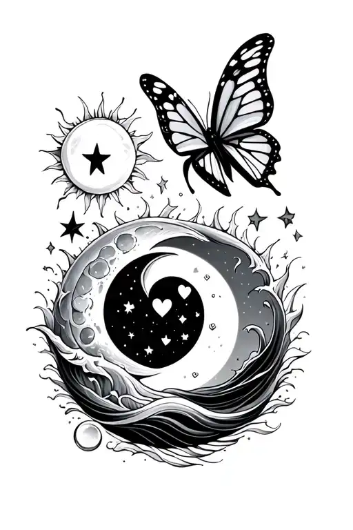 moon, sun and a star. also a heart-shaped bubble and a butterfly. also the sea's waves. tattoo design idea