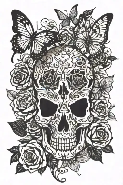 skull, roses, cat skull, butterfly  tattoo design idea