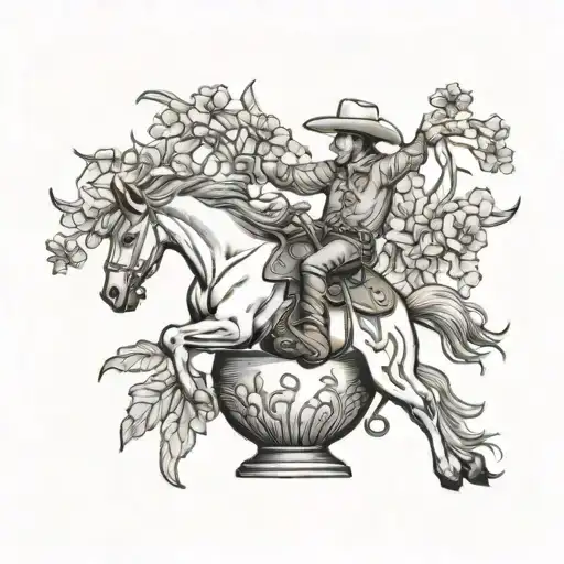 a vase with a cowboy riding a bucking bronco on it with wild flowers in the vase tattoo design idea