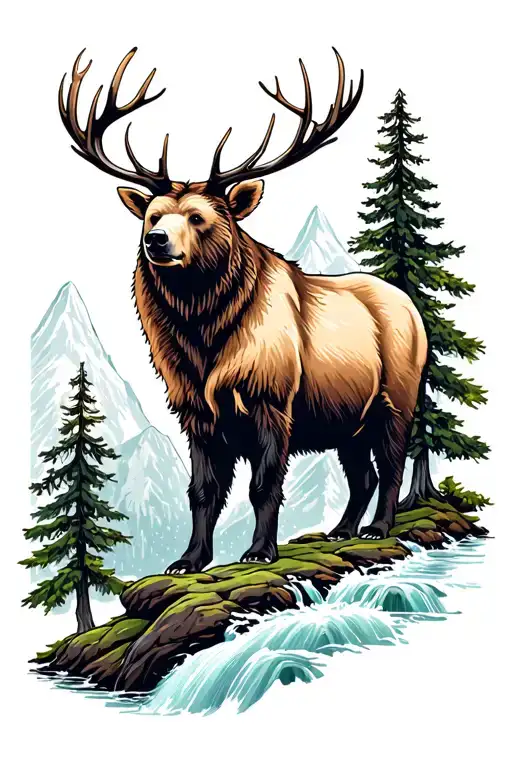 elk mountains stream bear trees tattoo design idea
