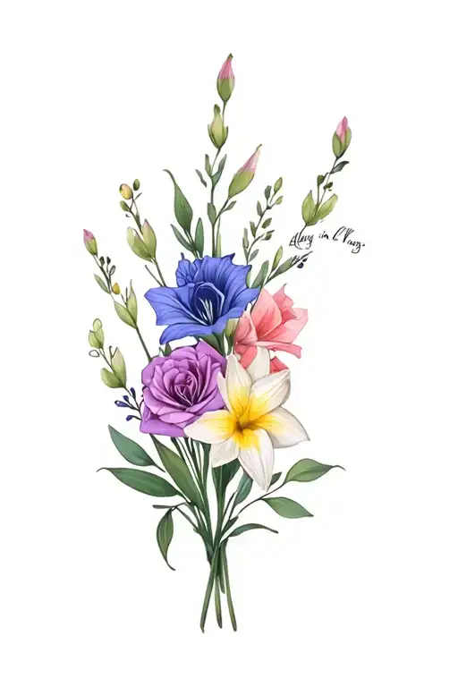 "always, in all ways" dainty bouquet of gladiolus, sweet pea, rose, daffodil with a little bit of color tattoo design idea