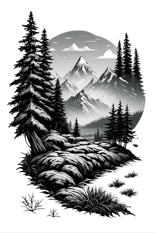 nature themed, mountains, trees, plants, climate change, environmental science, tattoo design idea