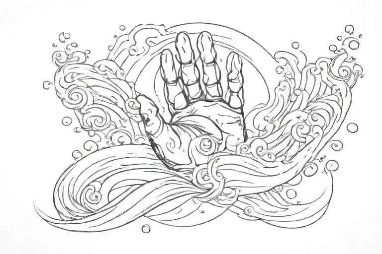 hand of creation with a dog paw and water waves coming tattoo design idea