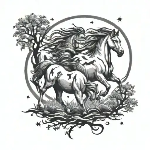 tribal horses, trees and moon surrounded by stars tattoo design idea
