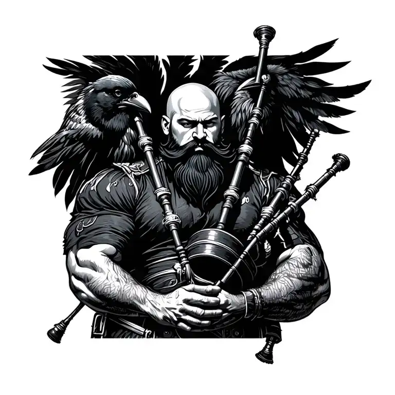 bald bagpiper with black beard with crow featherd muscular body with a mans head and hands playing blackbagpipes tattoo design idea
