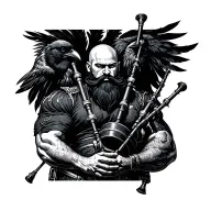 bald bagpiper with black beard with crow featherd muscular body with a mans head and hands playing blackbagpipes tattoo design idea