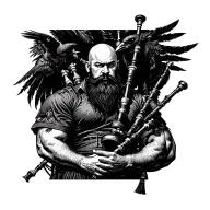 bald bagpiper with black beard with crow featherd muscular body with a mans head and hands playing blackbagpipes tattoo design idea