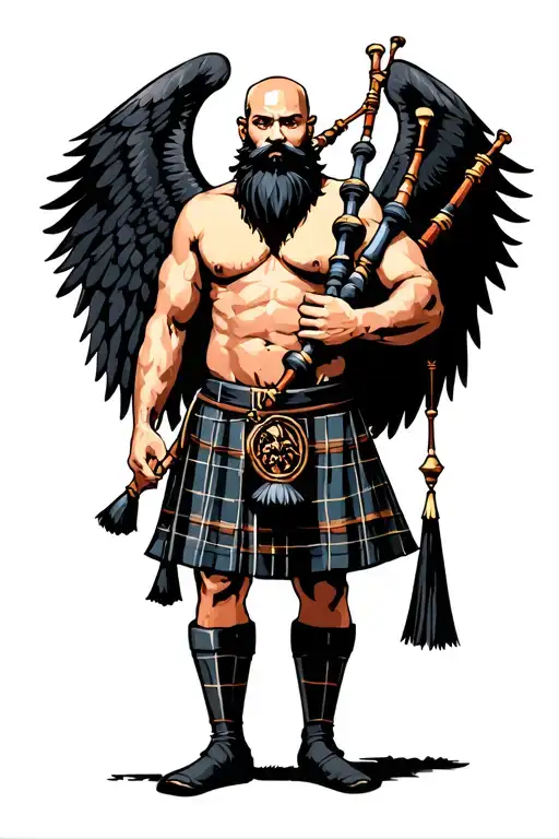no legs, shirtless muscular bagpiper bald black beard playing bagpipes huge black wings black background tattoo design idea
