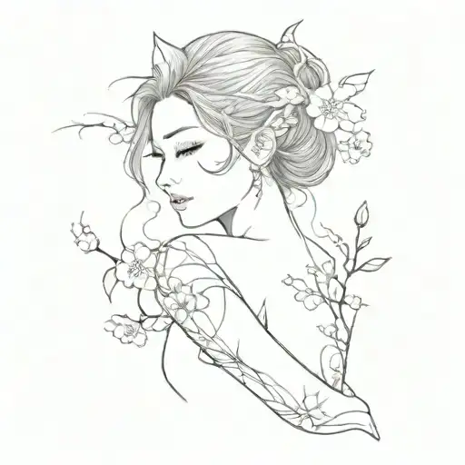 tattoo sleeve woman minimalistic Japanese Sakura, lines, fish, cat, fairy, more detailed tattoo design idea
