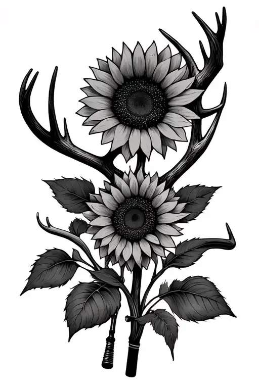 sunflower, deer antlers, fishing pole intertwined tattoo design idea