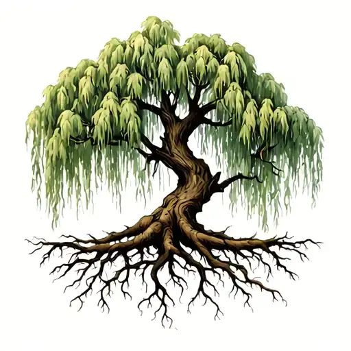 weeping willow tree with roots tattoo design idea