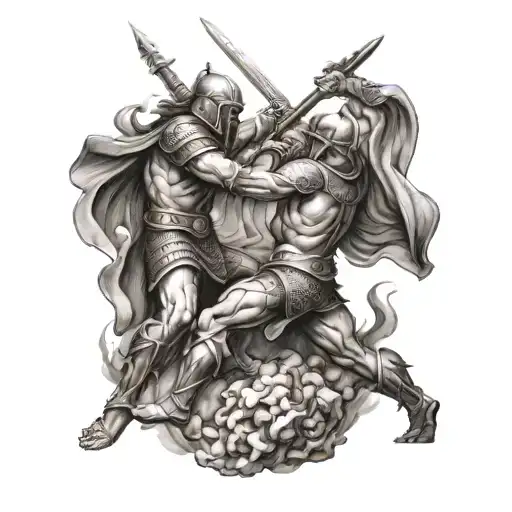 gods warriors fighting down on ground  tattoo design idea