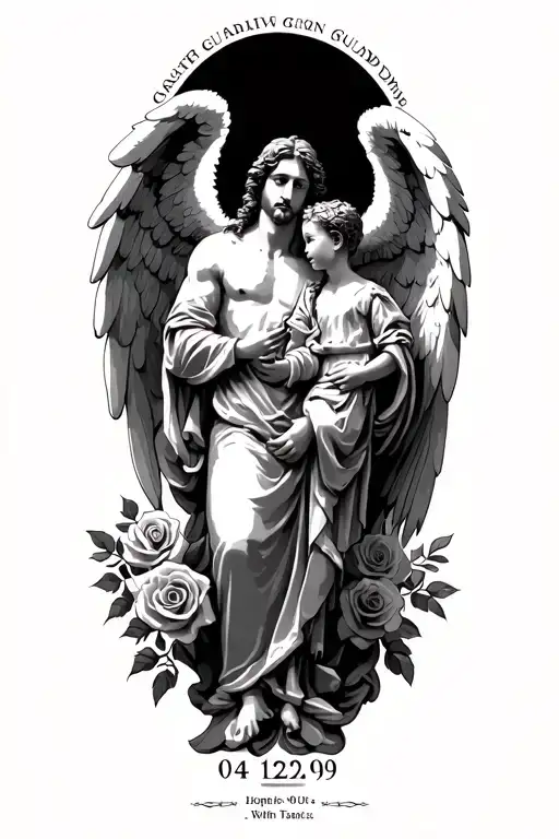 create a male and child guardian angel. below put this date of birth in Roman (04/12/09).you can fill it with roses and  tattoo design idea