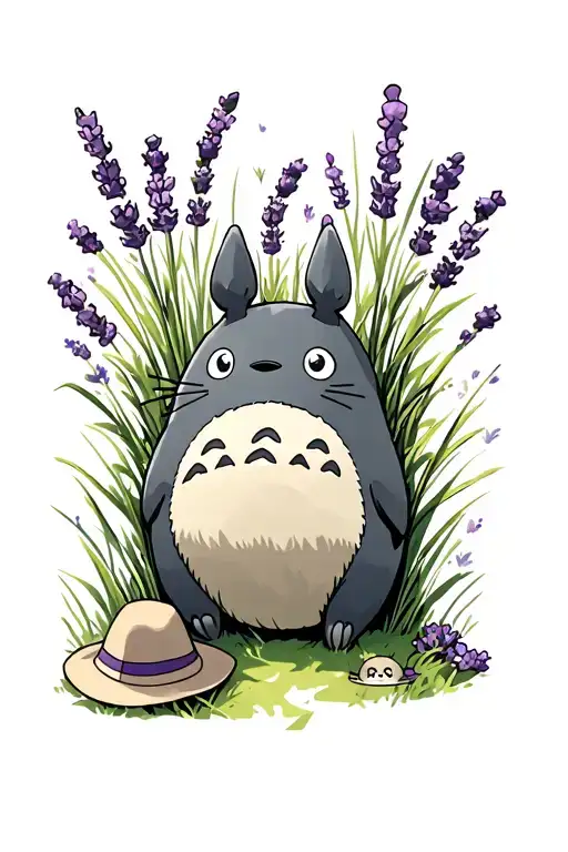 Totoro sitting or napping among wild lavender and tall grass, with a couple of small Totoros or Mei’s hat nearby. tattoo design idea