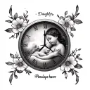daughter birth clock embedded with name Penelope harper tattoo design idea