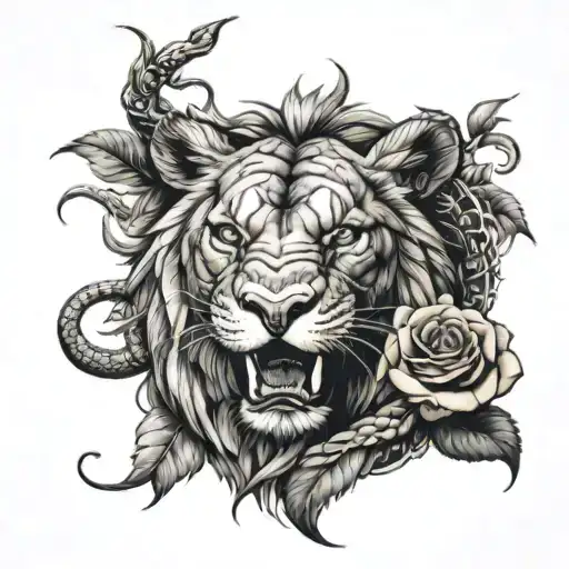 mamba snake wrapped around lion portrait intertwined with a rose flower tattoo design idea