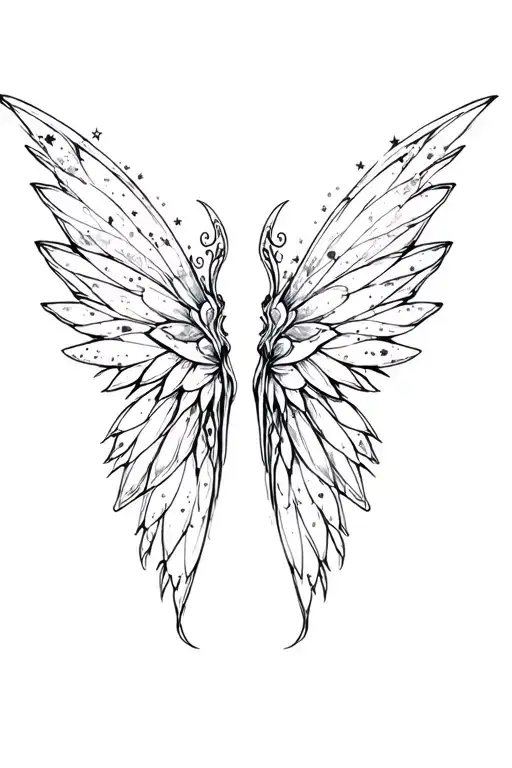 Black and white pair of fantasy style pixie/fairy wings  filled with galaxy's and stars minaml shading  tattoo design idea