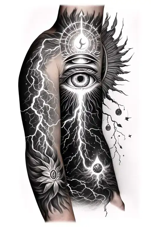 full length right arm sleeve with 3rd eye symbol integrating atmospheric electricity with 5 natural elements. Varja  tattoo design idea