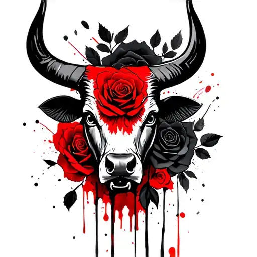 Bull's head, black roses and leaves in the background tattoo design idea