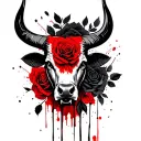 Bull's head, black roses and leaves in the background tattoo design idea