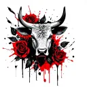 Bull's head, black roses and leaves in the background tattoo design idea