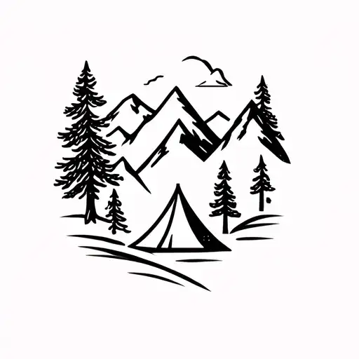 Line Work. Pine Tree, Mountains, Tent. Tattoo design tattoo design idea