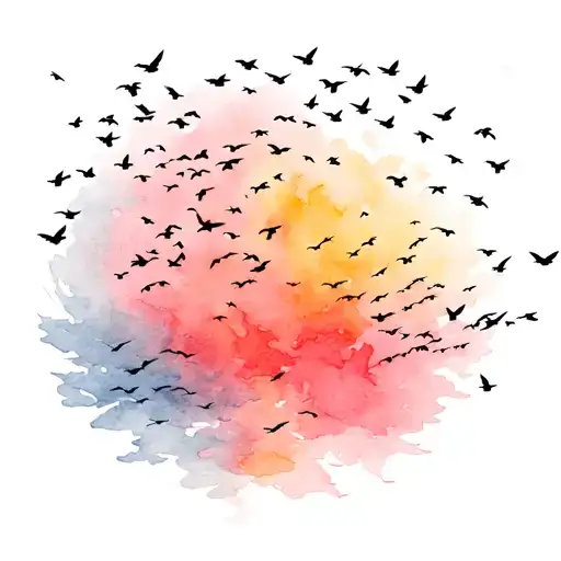 flock of birds in free flight dissolving into abstract lines, symbol of surrender, courage and limitless trust tattoo design idea