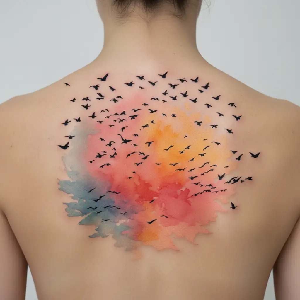 flock of birds in free flight dissolving into abstract lines, symbol of surrender, courage and limitless trust tattoo design idea