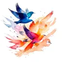 flock of birds in free flight dissolving into abstract lines, symbol of surrender, courage and limitless trust tattoo design idea