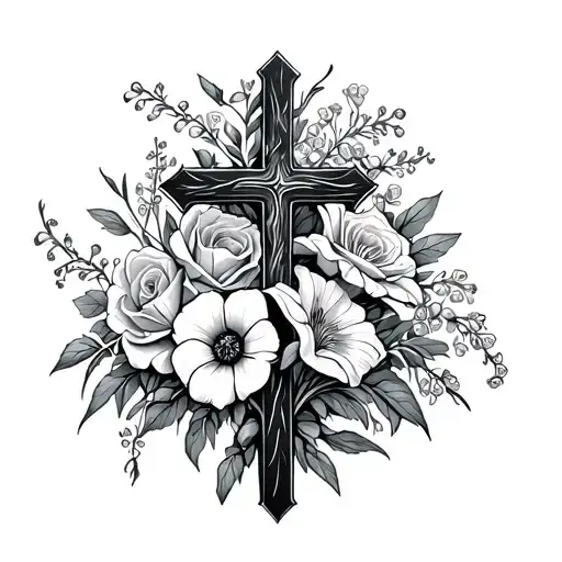 fine line cross surrounded by larkspur, roses, marigolds, poppies, and lily of the valley flowers tattoo design idea