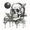 a skull floating through space with mushroom randomly placed around it  tattoo design idea