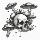 a skull floating through space with mushroom randomly placed around it  tattoo design idea