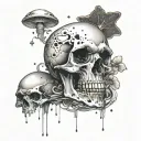a skull floating through space with mushroom randomly placed around it  tattoo design idea