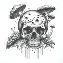 a skull floating through space with mushroom randomly placed around it  tattoo design idea