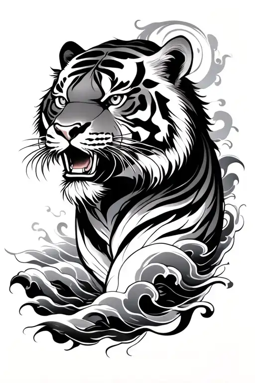 Chinese style tiger with waves around it tattoo design idea