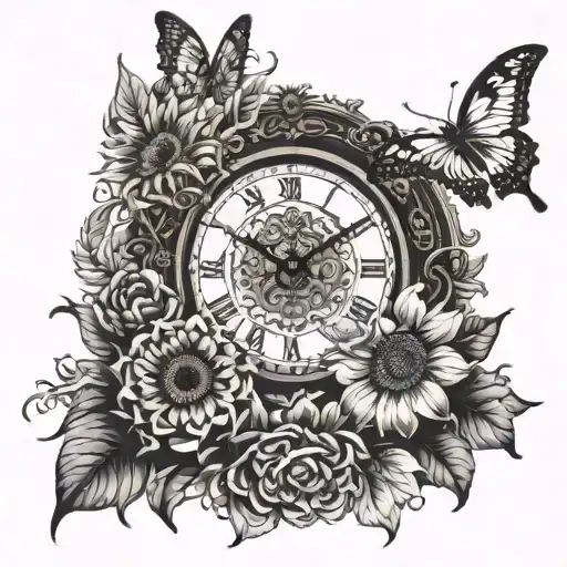 sunflower & butterflies & grand father clock surrounded tattoo design idea