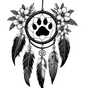 bear paw and claws print in a dream catcher with eagle and hawk feathers hanging and flowers tattoo design idea