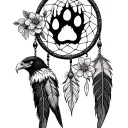 bear paw and claws print in a dream catcher with eagle and hawk feathers hanging and flowers tattoo design idea