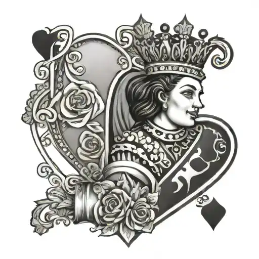 queen of hearts with letter K letter tattoo design idea