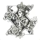 queen of hearts with letter K letter tattoo design idea