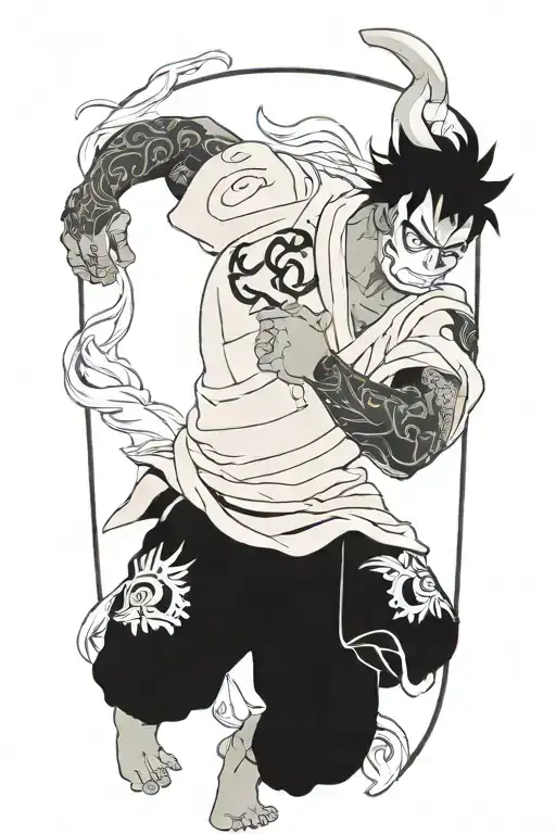 anime character full body wearing a oni mask fighting off inner demons with minimal black areas tattoo design idea