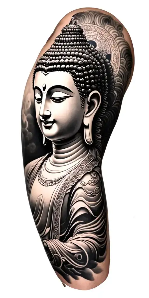 a full sleeve tattoo with a criss-cross buddha at the top, the buddhist mantra "om mani padme hum" below that, and a lot tattoo design idea