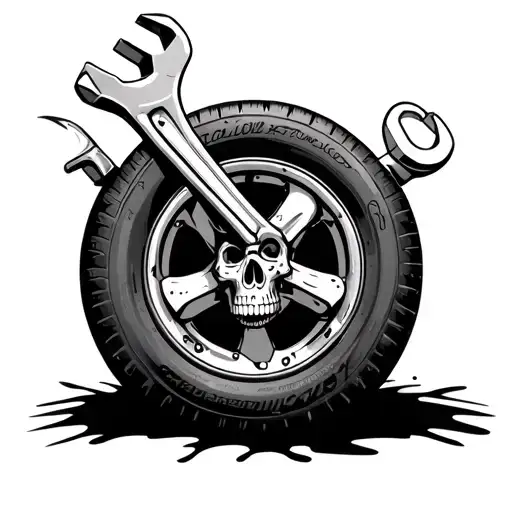 Wrench and ratchet as cross bones sitting below a tire with the hubcap that sorta looks like skull motor oil dripping  tattoo design idea
