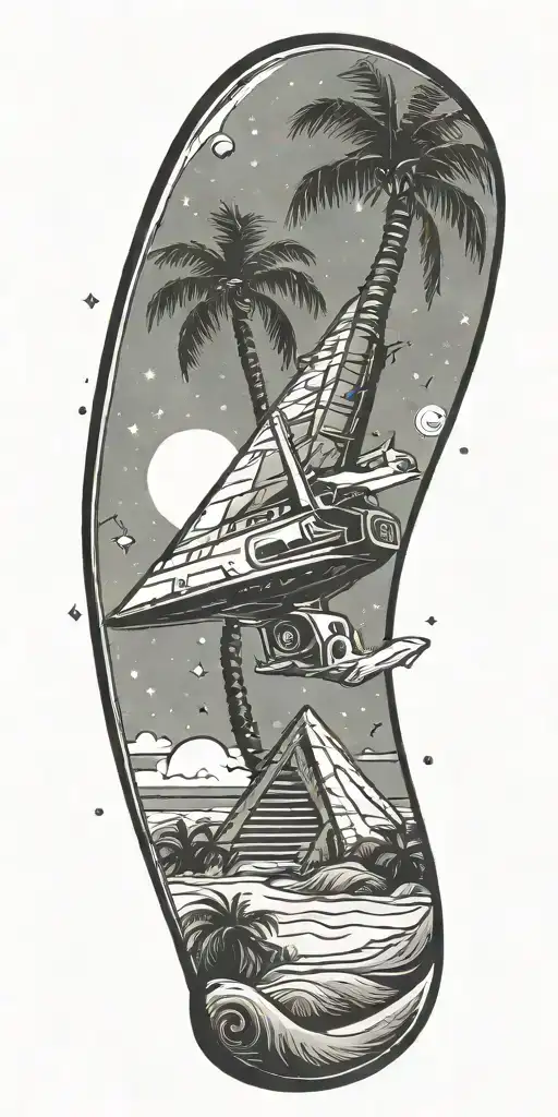 outer space, palm tree, galaxy, pyramid, shoal wintergreen dip can in the sand with a sunset, ray gun,  tattoo design idea