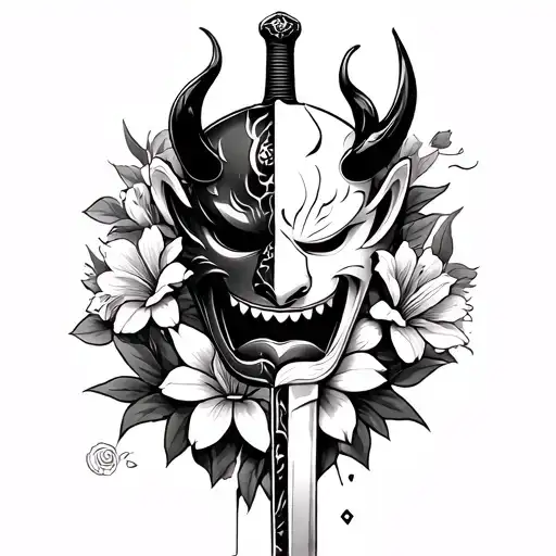 an oni mask broken into 2 parts, with lycoris flowers around it and a katana in the middle of the mask separating the masks and fragments tattoo design idea