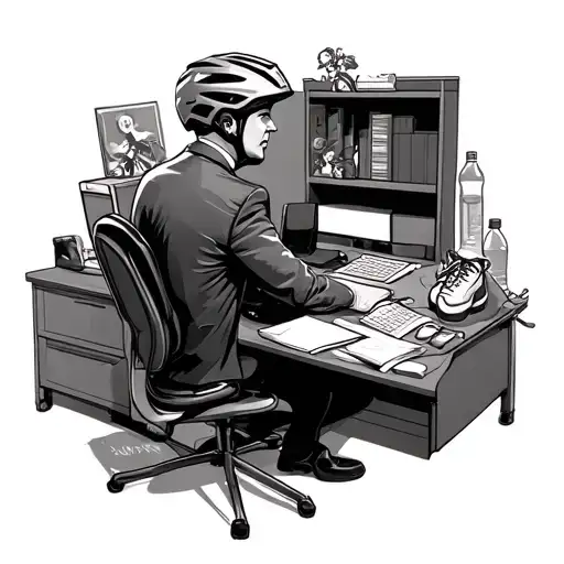 A black-grey tattoo of a manager's desk cluttered with elements symbolizing the client's passion for cycling, like a bike helmet, water bottle, and cycling shoes, with a subtle nod to their grandkids in the background tattoo design idea