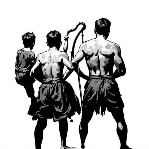 A child on their backs, with an adult man on one side and an even greater person with a cane on the other side simulating about tattoo design idea