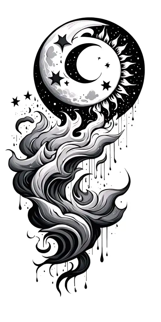 moon, sun, stars, clouds fire rain tattoo design idea