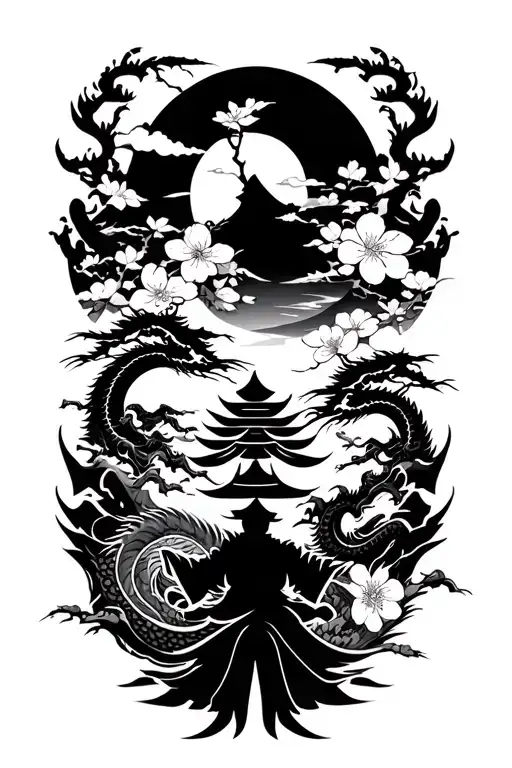 Japanese landscape. Add sakura, samurai figures, dragon, Buddhist motif. Strict and restrained tone tattoo design idea