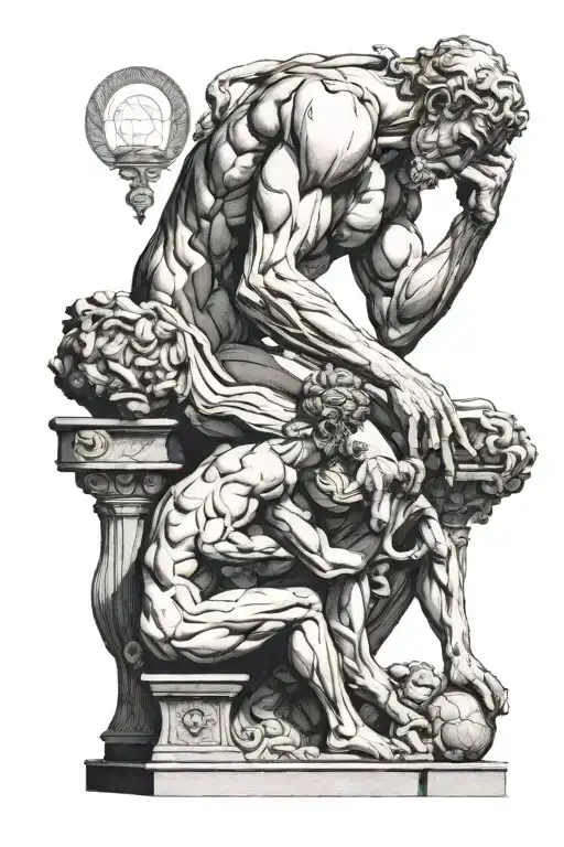 atlas and the thinker statue with key tattoo design idea